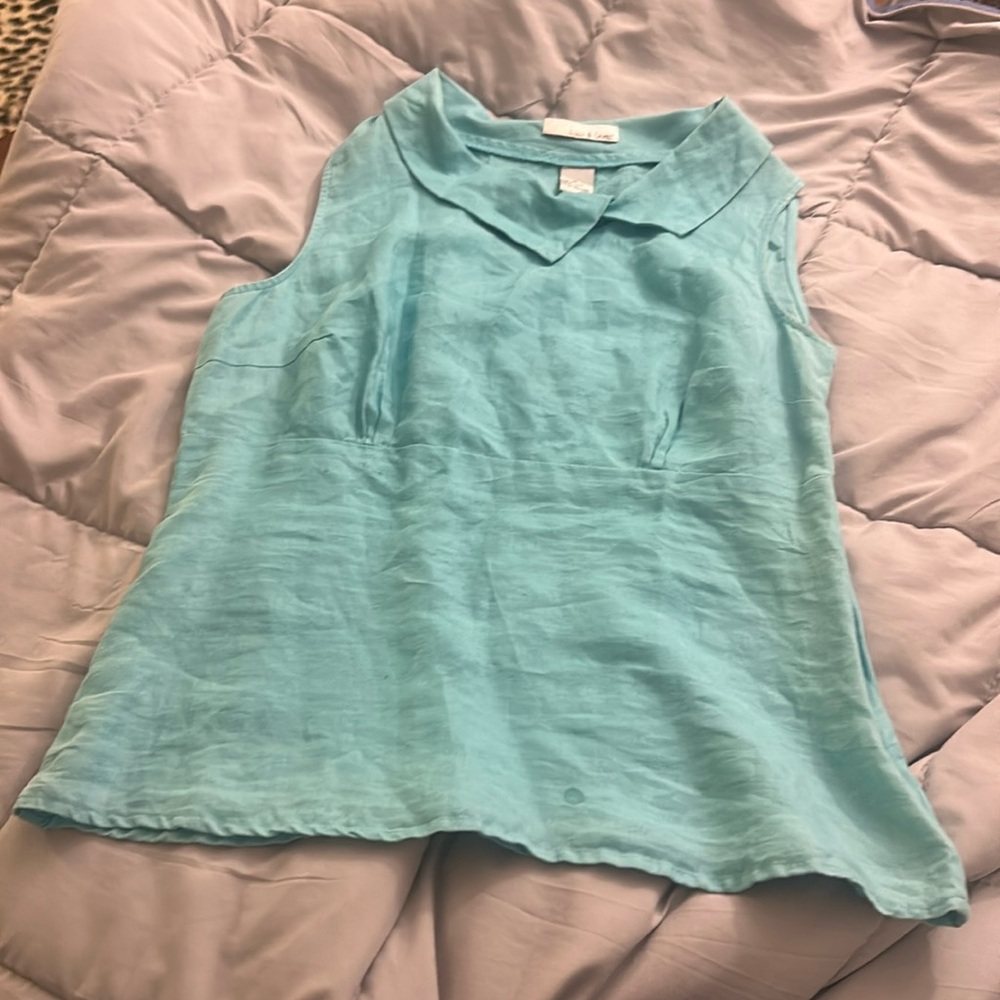 teal asymmetrical collared top linen fitted peplum
